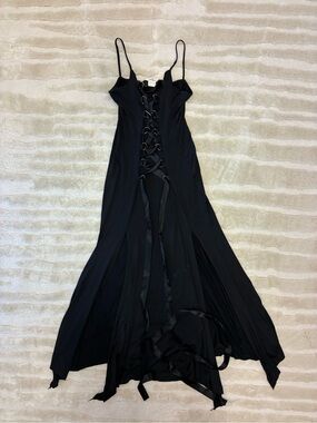 Vintage Y2K Whimsigoth Witchy Black Lace-Up Maxi Dress with Spaghetti Straps